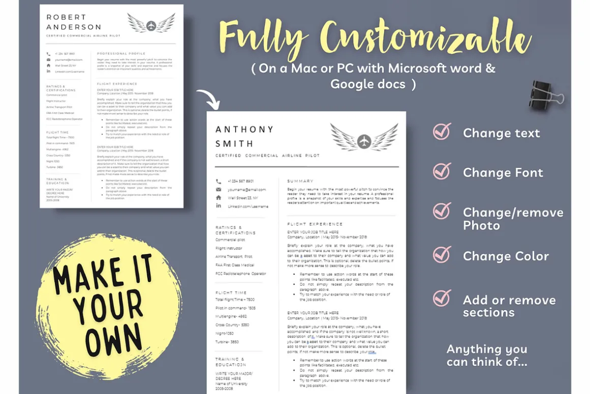 Pilot resume & cover letter template