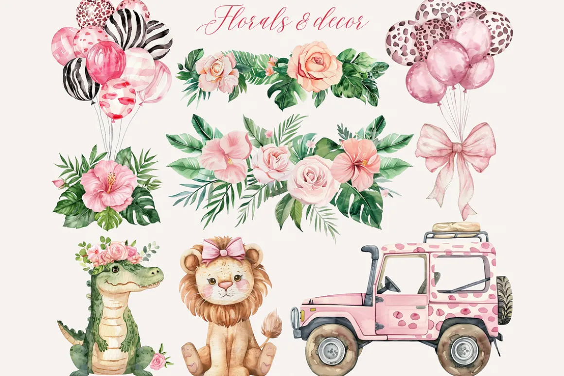 Pink Safari Watercolor Clipart