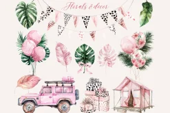 Pink Safari Watercolor Clipart