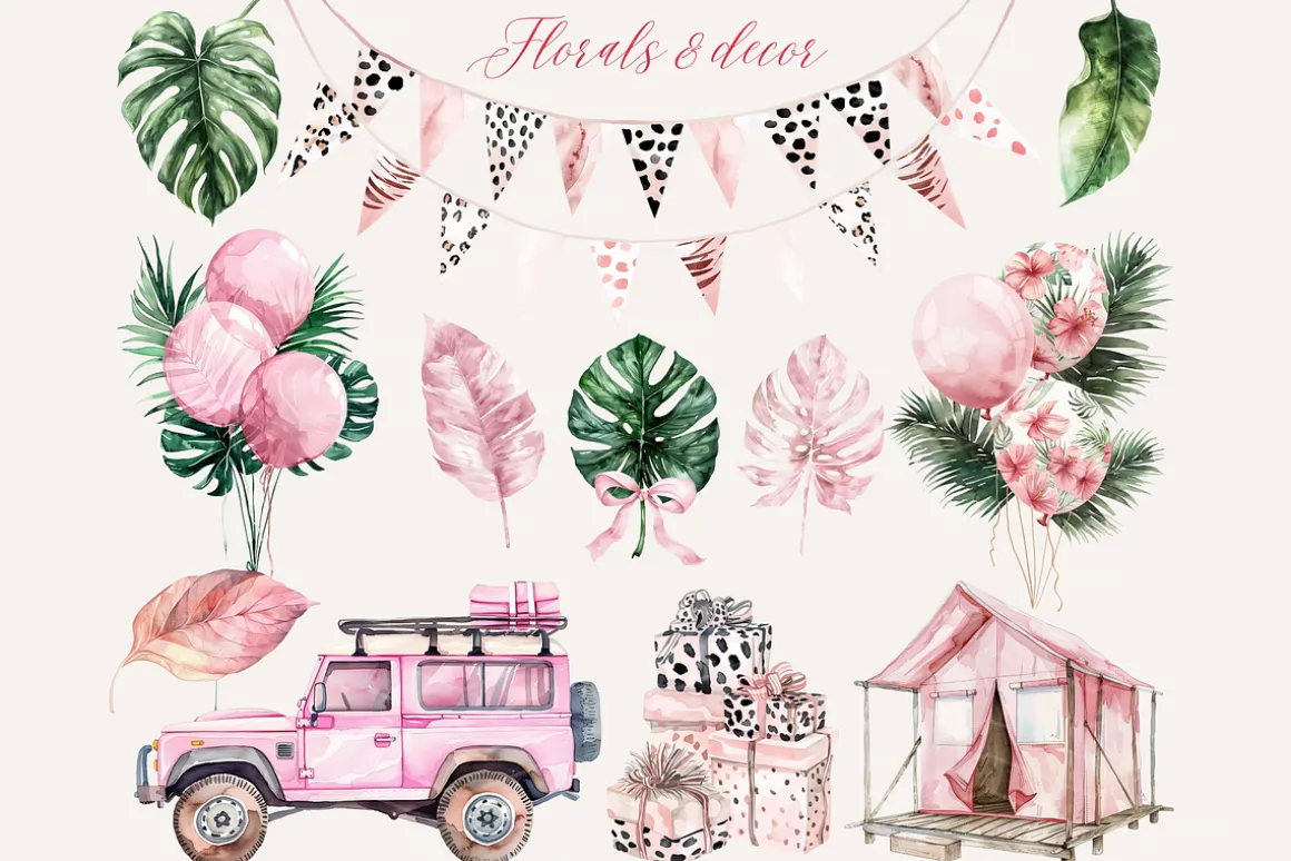 Pink Safari Watercolor Clipart