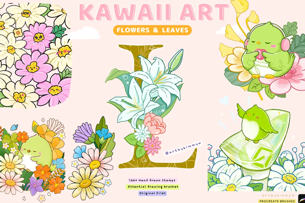 Procreate Kawaii Flowers Bundle