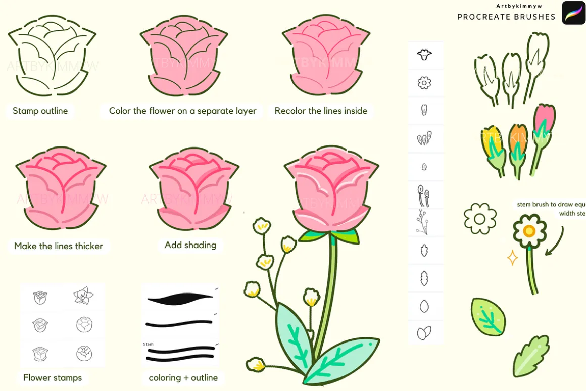 Procreate Kawaii Flowers Bundle