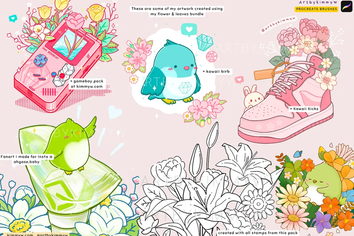 Procreate Kawaii Flowers Bundle