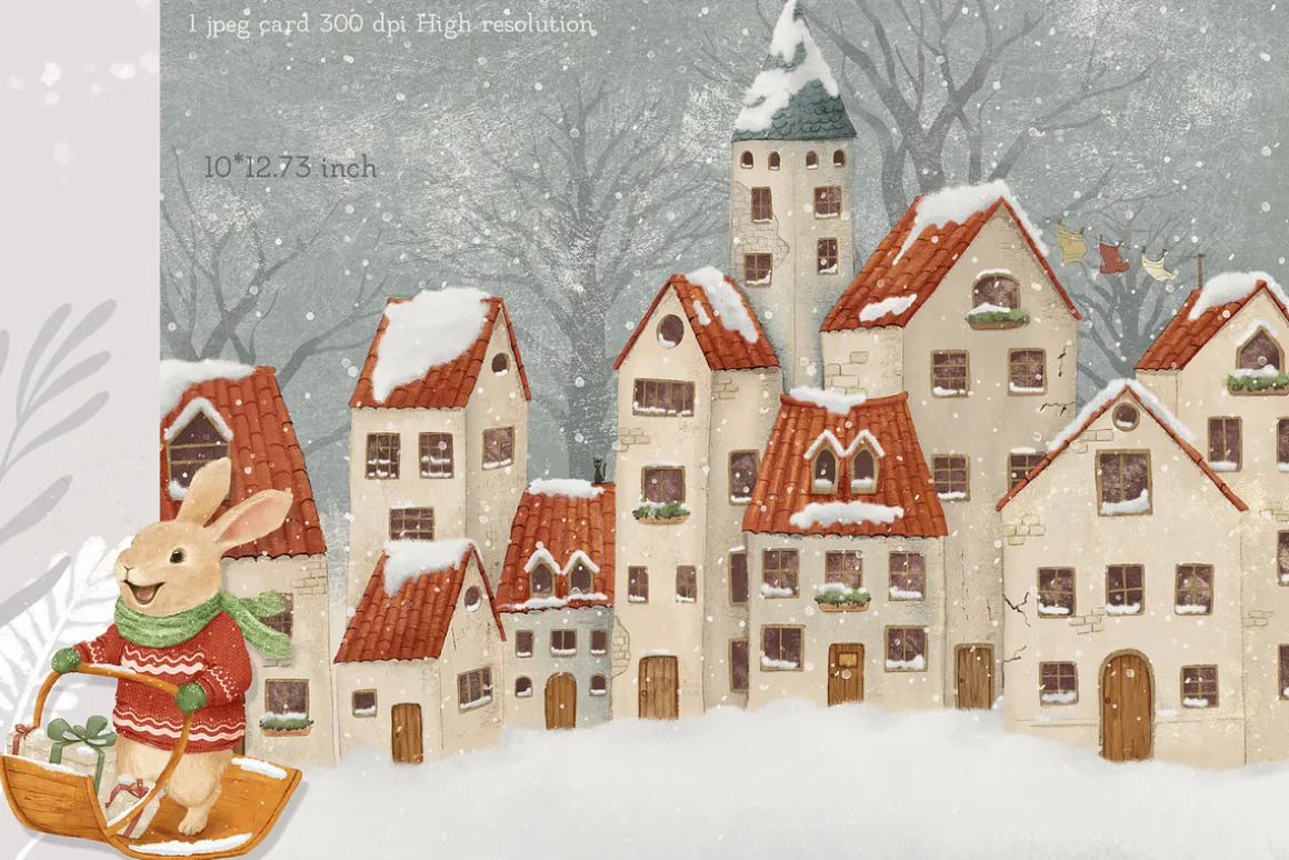 Rabbits Winter Village clipart&card