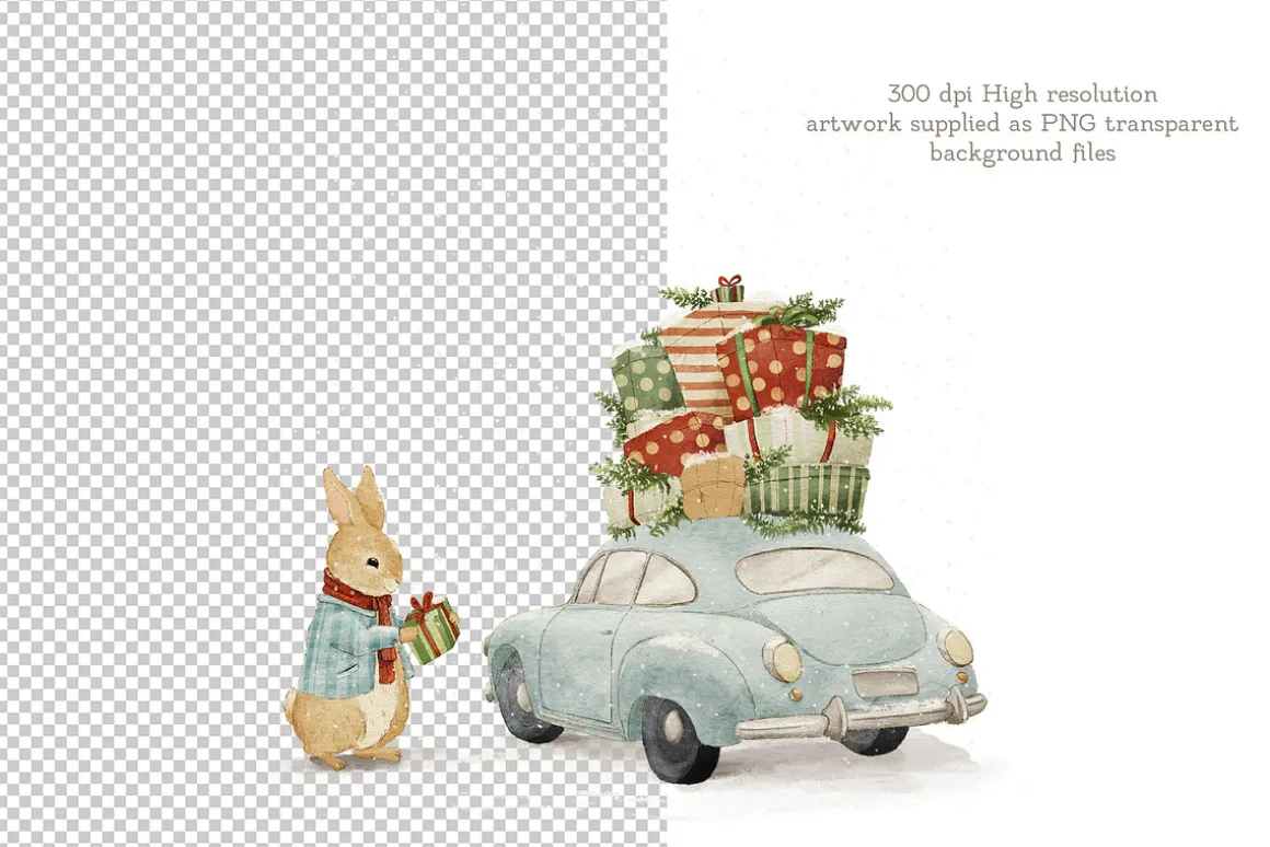 Rabbits Winter Village clipart&card