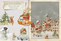 Rabbits Winter Village clipart&card