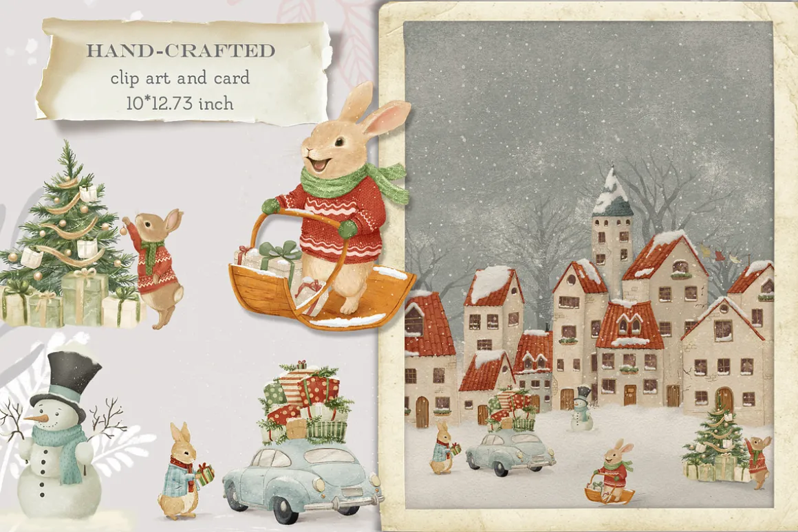Rabbits Winter Village clipart&card