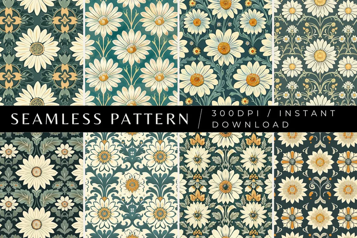 8 Retro Daisy Deco Seamless Patterns