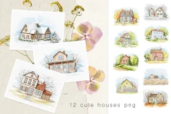 Seasons. Cute watercolor houses