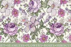 Set Seamless Flowers Roses Hibiscus