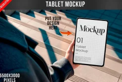 Tablet Mockup on Concrete Stairs PSD
