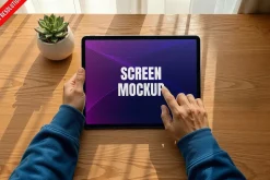 Tablet On Wooden Table Mockup PSD