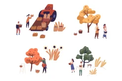 Tiny people harvesting fruits set