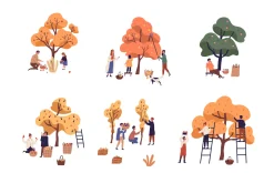 Tiny people harvesting fruits set