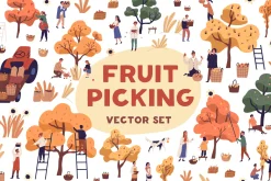 Tiny people harvesting fruits set