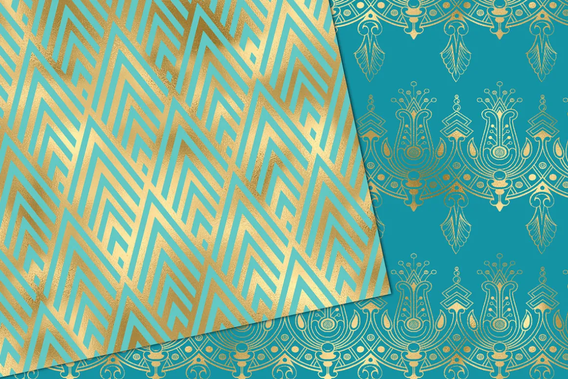 Turquoise & Gold Art Deco patterns