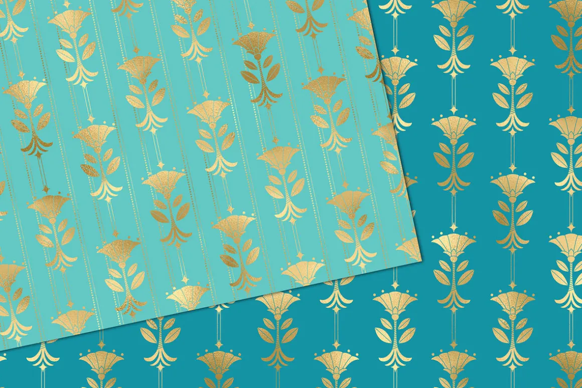 Turquoise & Gold Art Deco patterns