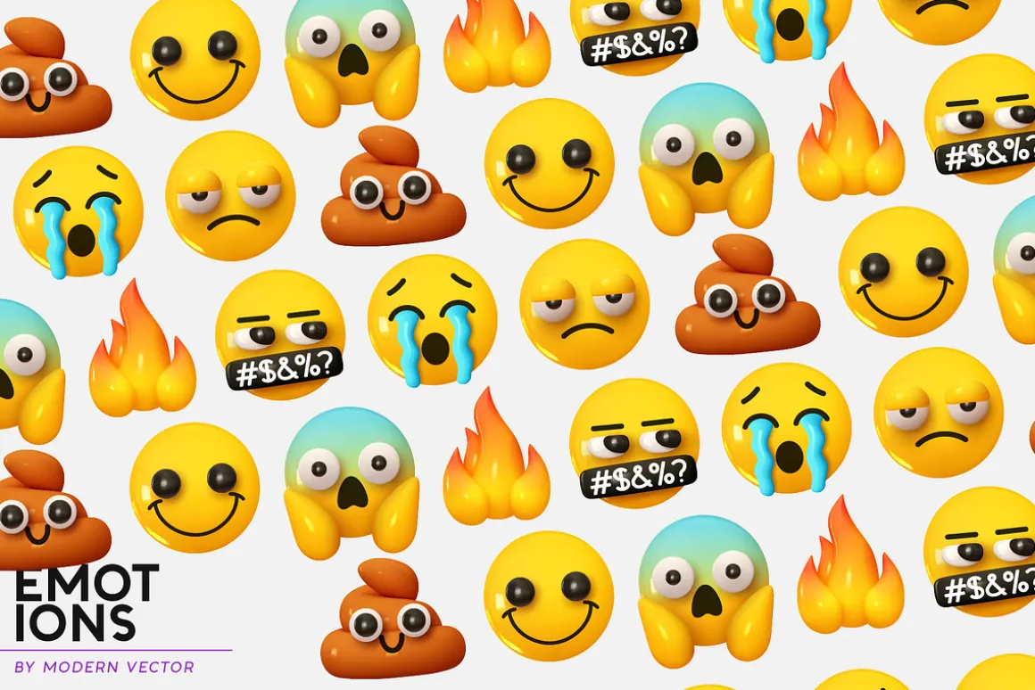 Vector Set of 195 Emoji. Emotions 3D