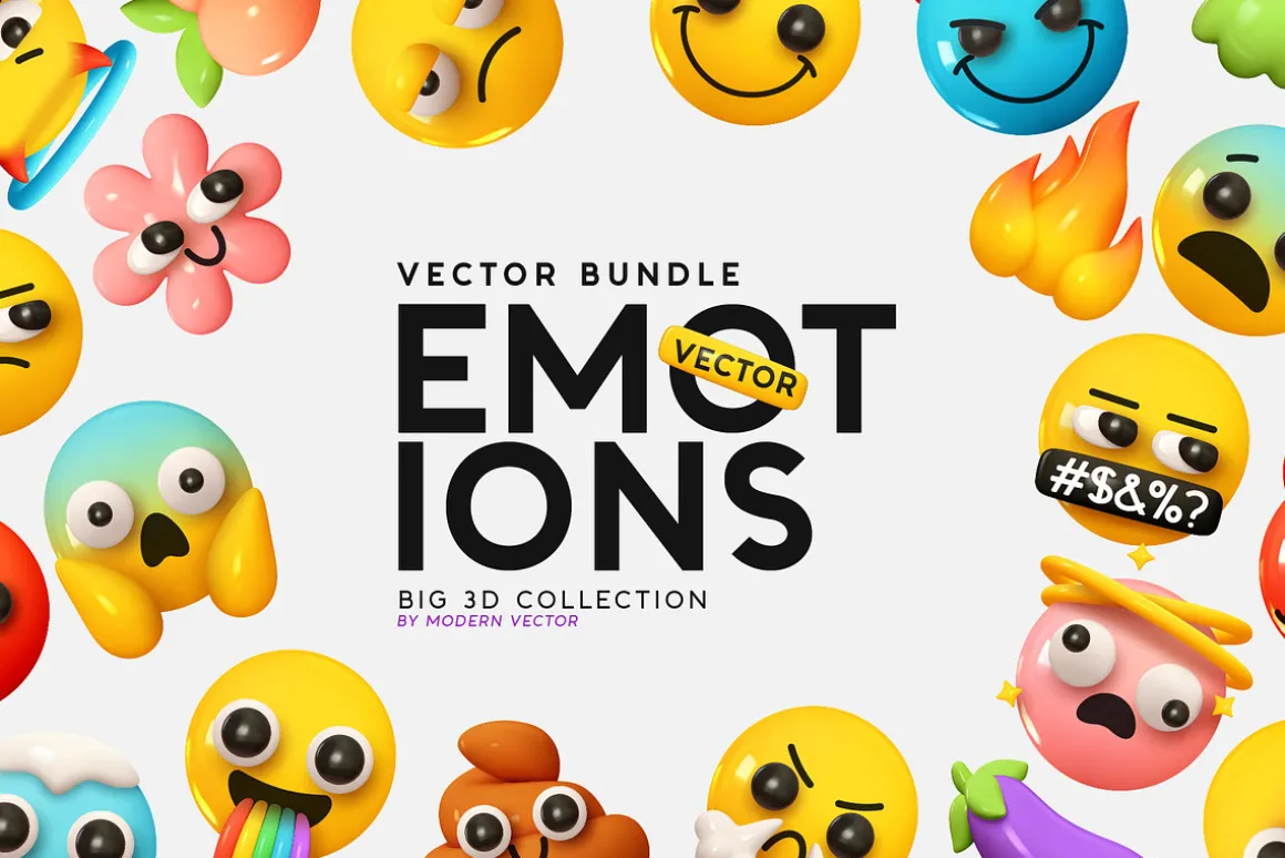 Vector Set of 195 Emoji. Emotions 3D