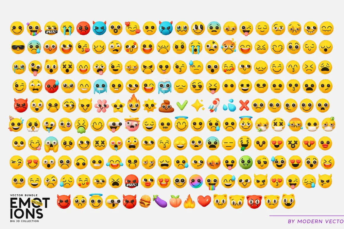 Vector Set of 195 Emoji. Emotions 3D