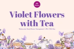 Violet Flower with Tea Watercolor