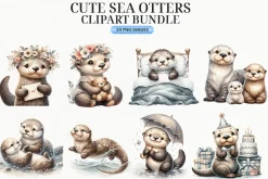 Watercolor Baby Sea Otters Clipart