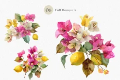 Watercolor Bouganvilleas and Lemons