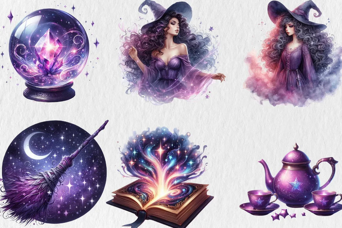 Watercolor Cosmic Witch Clipart