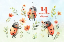 Watercolor Ladybugs with flowers set