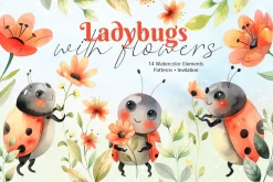 Watercolor Ladybugs with flowers set