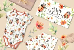 Watercolor Ladybugs with flowers set