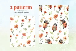 Watercolor Ladybugs with flowers set