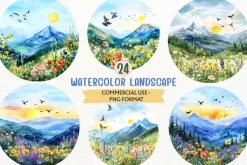 Watercolor Mountain Landscape PNG