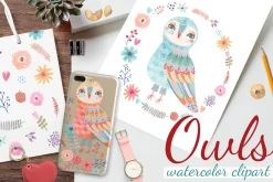 Watercolor owls clipart