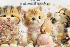 Watercolor Spring Cats Clipart