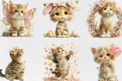 Watercolor Spring Cats Clipart