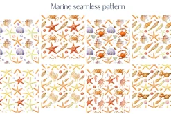 Watercolor starfish, shells, crabs