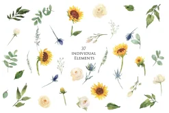 Watercolor Sunflowers & White Roses