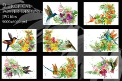 Watercolor Tropical plant & Bird