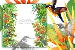 Watercolor Tropical plant & Bird