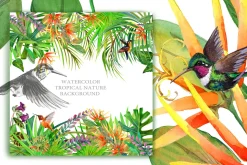Watercolor Tropical plant & Bird