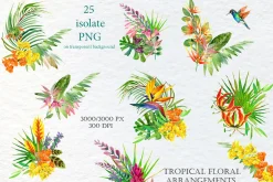 Watercolor Tropical plant & Bird