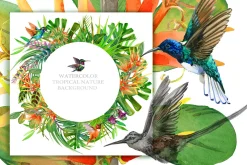 Watercolor Tropical plant & Bird