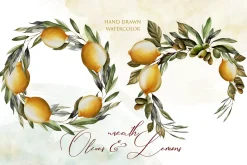 Watercolor Wreath Olives & Lemons
