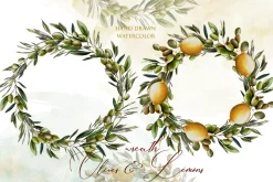 Watercolor Wreath Olives & Lemons