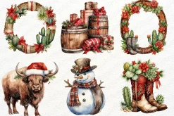 Western Christmas Watercolor Clipart
