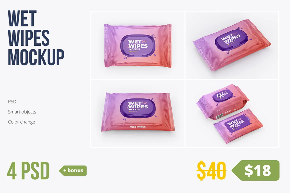 Wet Wipes Mockup 4 PSD + bonus