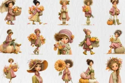 Whimsical Fall Autumn Girls Clipart
