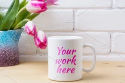 White coffee mug mockup with pink tu